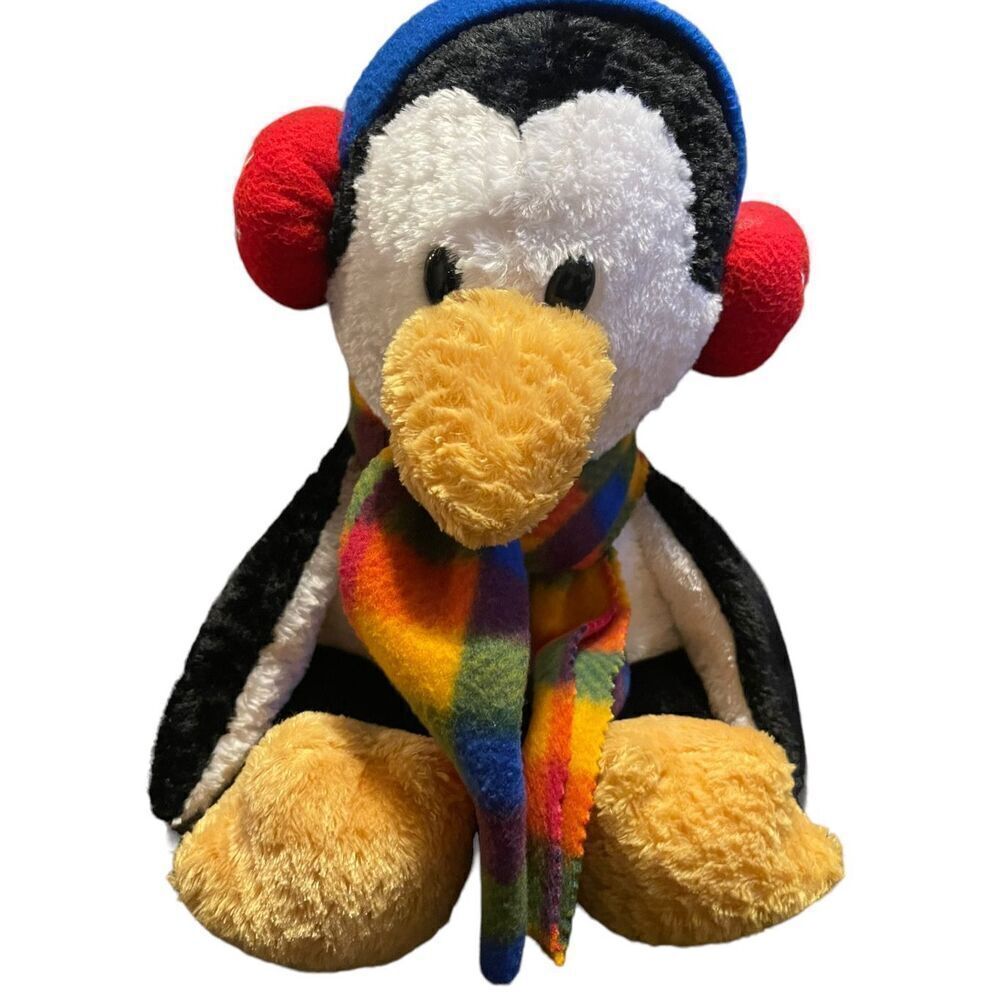 Commonwealth Plush Multicolor Stuffed Penguin with Red Ear Muffs Plaid Scarf 18”